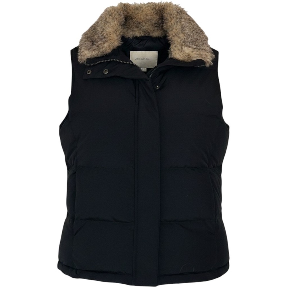 L.L. Bean Puffer Vest Womens L Black Faux Fur Trim Down Insulated Classic Cabin